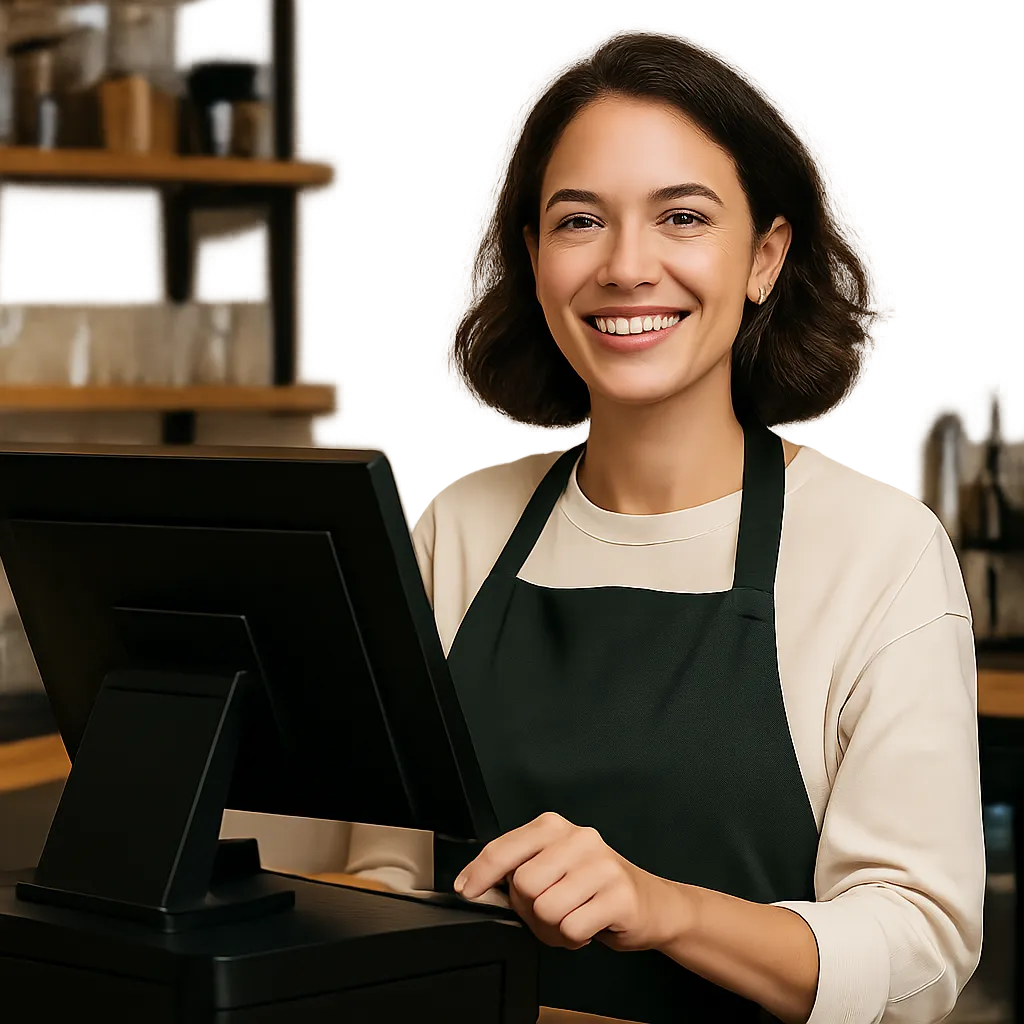 Mulher usando sistema POS com sucesso